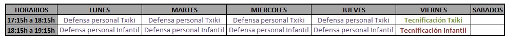 Horario Krav Maga Txikis 11 07 2025